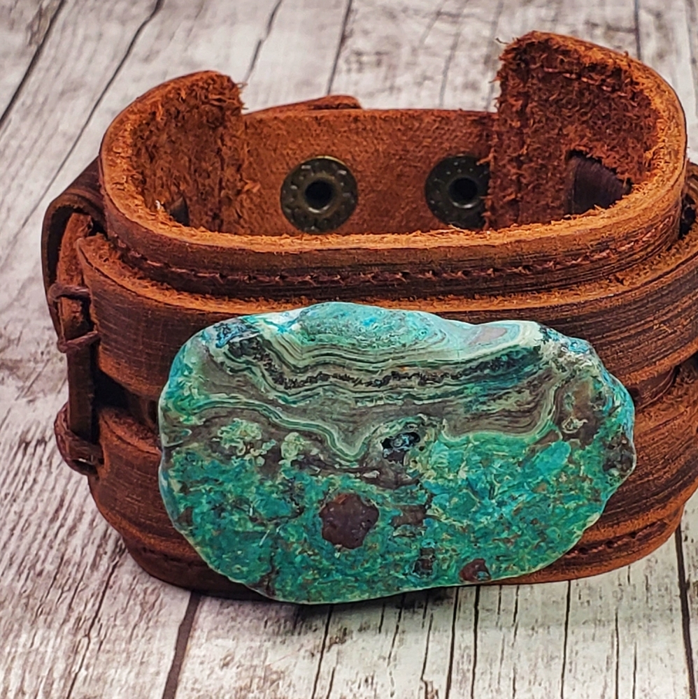 Sea Jasper genuine leather bracelet distressed